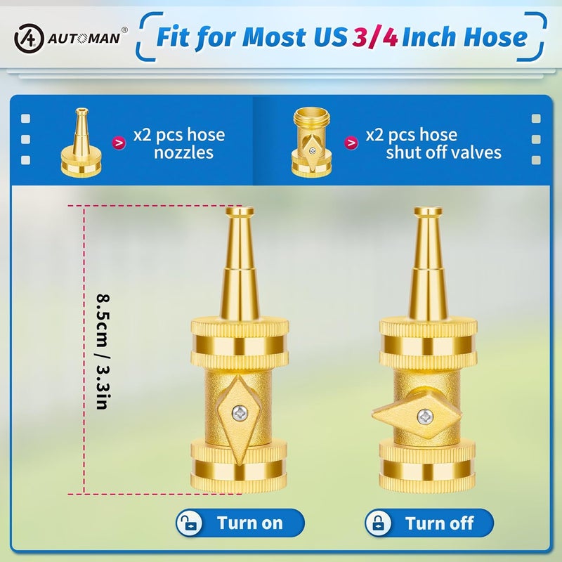 AUTOMAN Brass Hose Nozzle - High Pressure Jet Nozzle 4 Count (2 Set), Heavy Duty Water Hose Sprayer Sweeper with Hose Shutoff Valve, 3/4” GHT Nozzles for Garden Hose, Car Wash, Extra 10 Rubber Washers - Image 2